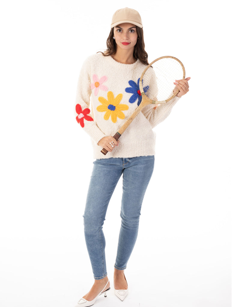 Floral Pattern Embroidered Soft knit Long Sleeves Jumper in cream