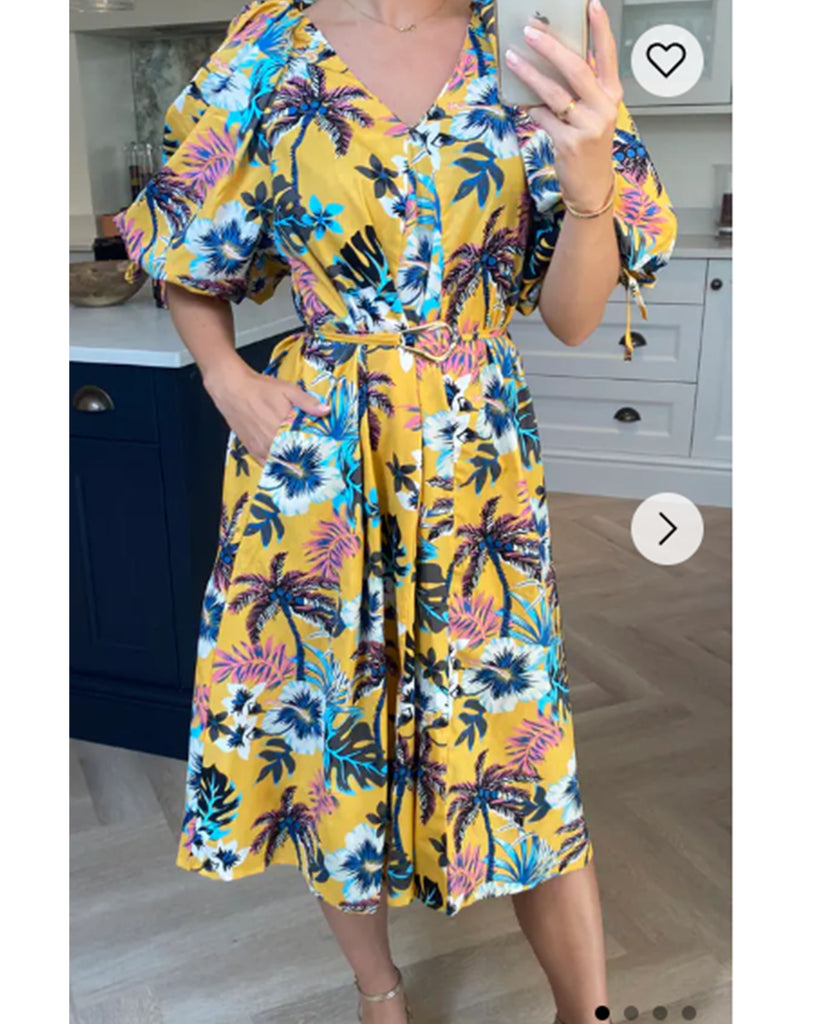 Oversized puff sleeve midi dress in COCONUT TREE Print