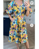 Oversized puff sleeve midi dress in COCONUT TREE Print