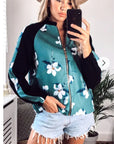 Floral Print Bomber Jacket (Green floral）