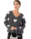 Brushed texture Love Heart Jacquard Pattern Embroidered Jumper in Grey