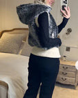 Fuax Fur Short Gilet with removeable hoody in grey