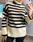 Soft Knit Striped roll-neck design cozy wool-blended jumper in white