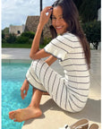Knitted maxi dress with polo neck in Short Sleeves White colour
