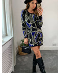 metallic gold trim Chain and Aztec Print Dress