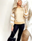 Multi layer ruffle sleeves yellow white color stripe jumper top
