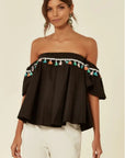 Off shoulder multicolor tasseled trim top (BLACK)