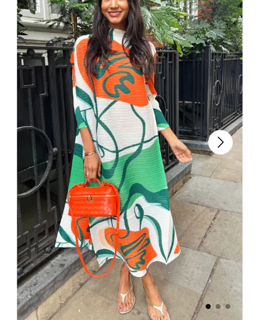 Multi Color Print Pleated Dress in three quarter sleeves in green and orange