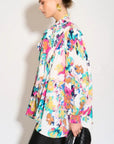 Wild Bloom multi color print oversized shirt with tie up bow design in white