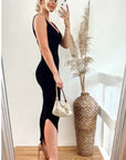 Sleeveless Ribbed Knit Bodycon Dress with Side Split in Black