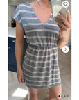 Short Sleeve V Neck Mini Dress in Grey and White Stripe