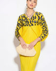 Yellow Leopard print color blocking Print Pleated Dress in Kimono sleeves