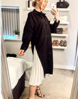 Cotton shirt dress with Pleated  chiffon hem design in black