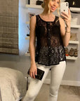 Black Lace Chiffon Top Shirt Blouse with Front Cross Strip Back