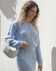 Cosy Knit Co-ords set with Floral button design in pale blue