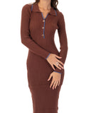 Brown color Soft knit long sleeves bodycon dress with blue line contrast design