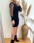 Black Bodycon Knit Dress with Polka Dot Organza Sleeves