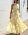Multi floral print Organza feeling Halter neck maxi dress in yellow