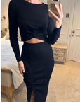 Long Sleeve Knit crop top with side lace up midi skirt co-ords in black