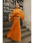 Pleated long dress with organza pleated cape sleeves in Gold
