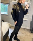 Gold Sliver Mix sequin embellished front and sleeves design jumper in black