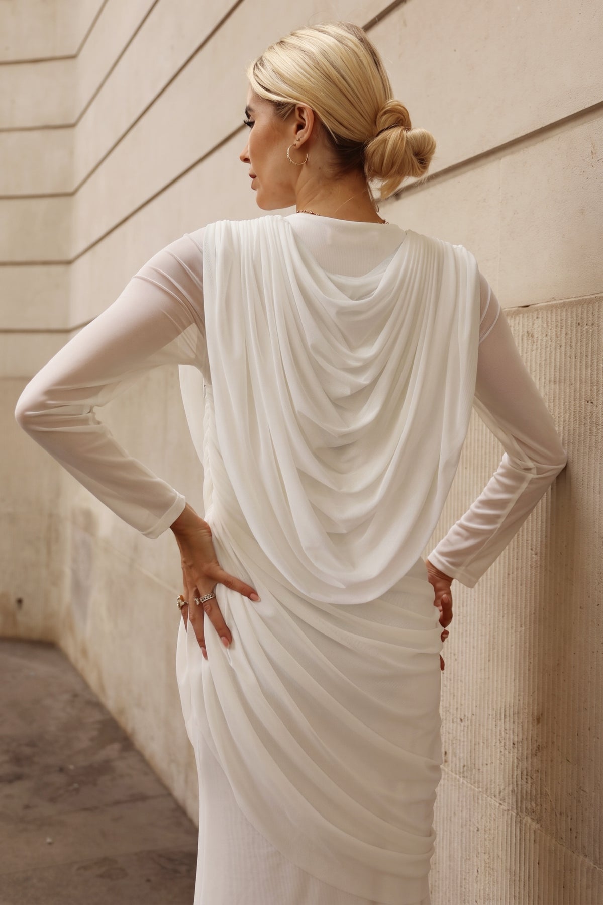 Statement Draped Mesh Layered Maxi Dress in White