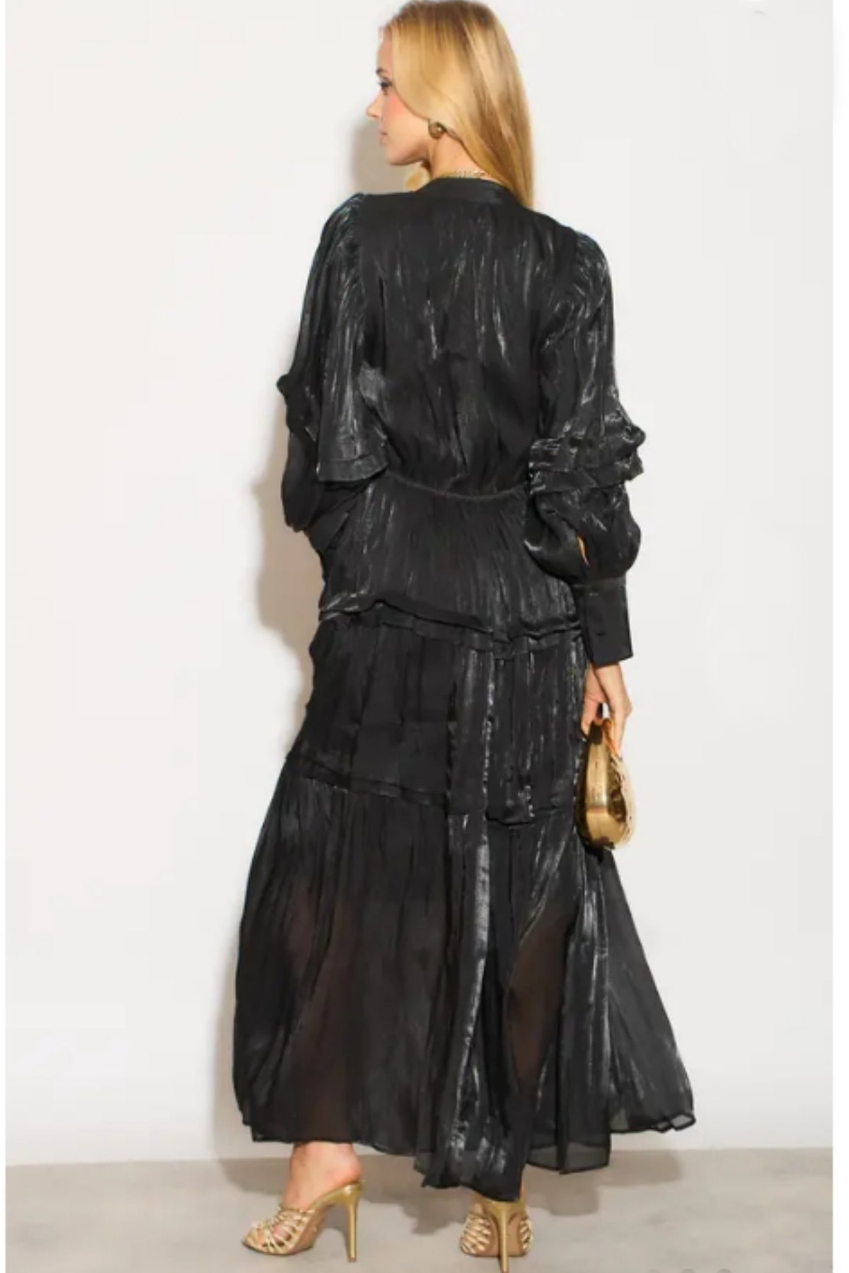 Silky feeling organza midi dress with ruffle design on sleeves and skirt hem in Black