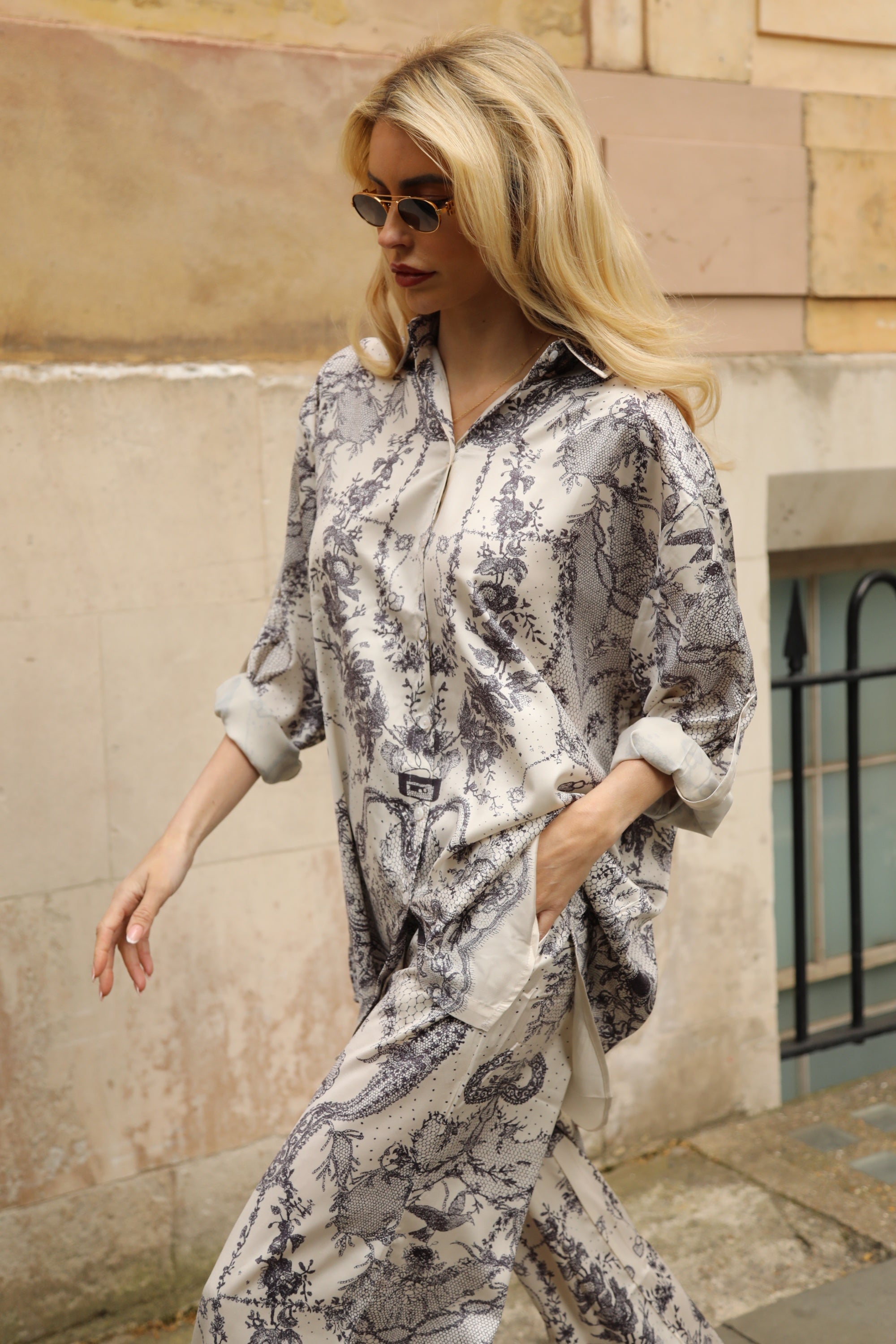 Vintage Toile Print Oversized Shirt &amp; Wide-Leg Trousers Co-Ord Set