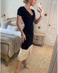 Soft Knitted Ribbed Midi Button down Bodycon Dress In Black Beige Contrast Design