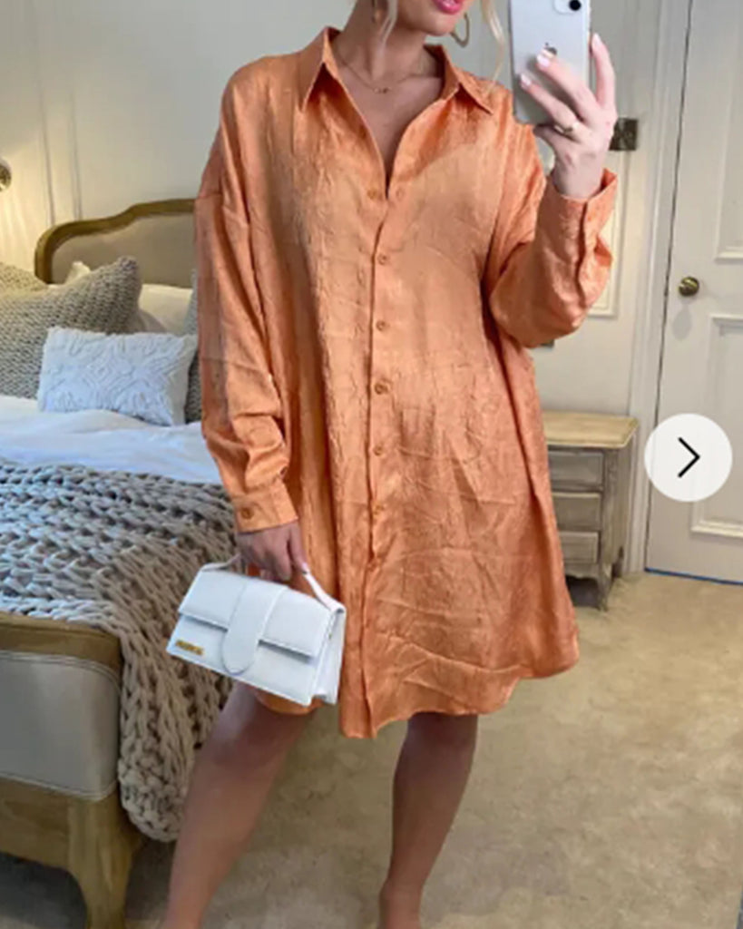 Oversized long shirt dress in textured jacquard design fabric orange color