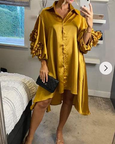 Floral design oversized sleeves shirt dress in Mustard Yellow