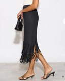 Pleated Midi Skirt with multi fringed tassel hem design in Black