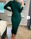 Soft Knitted Ribbed Midi Bodycon front OR back cut out design Dress In Green