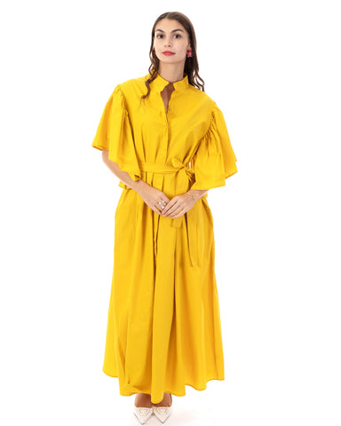 Cotton blend oversized shirt dress with ruffle sleeves design in yellow