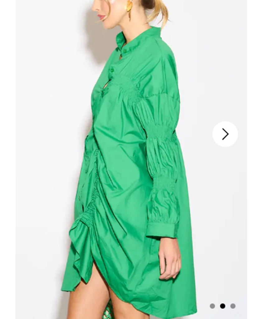 Asymmetry with Elasticated design cotton blend shirt dress in Green