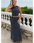 Pointelle knit vest top and maxi pleated skirt in black