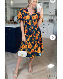 Oversized puff sleeve midi dress in Yellow Floral Print