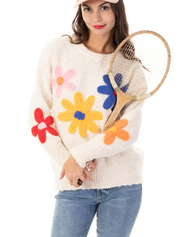 Floral Pattern Embroidered Soft knit Long Sleeves Jumper in cream