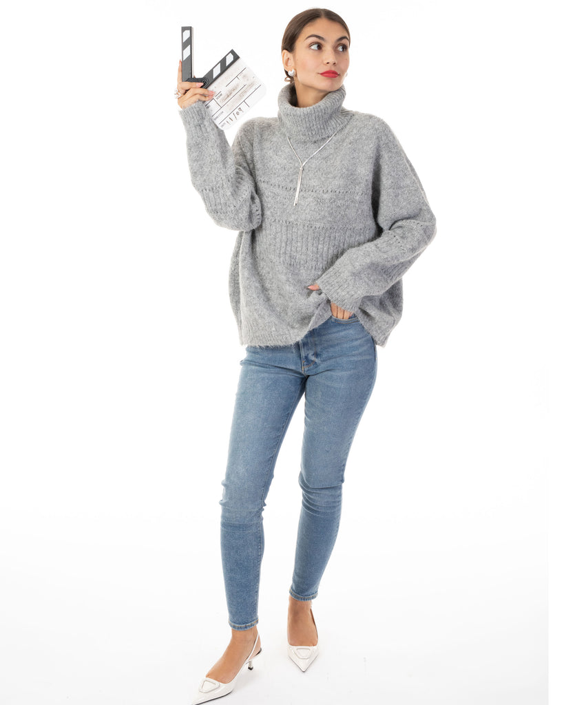 Relaxed-fit Roll- neck Jumper with open-work design in Grey