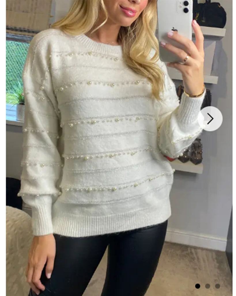 Pearl embellished soft knit jumper in white