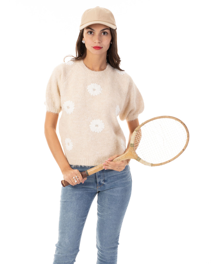 Floral Pattern Embroidered Soft knit Short Sleeves Jumper in Beige