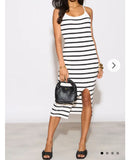 Knitted stripe print with straps design midi bodycon dress in white