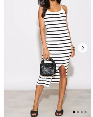 Knitted stripe print with straps design midi bodycon dress in white