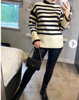Soft Knit Striped roll-neck design cozy wool-blended jumper in white