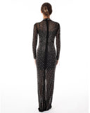 Multi Diamond and Pearls Embellished with Chain drop long sleeves dress in black