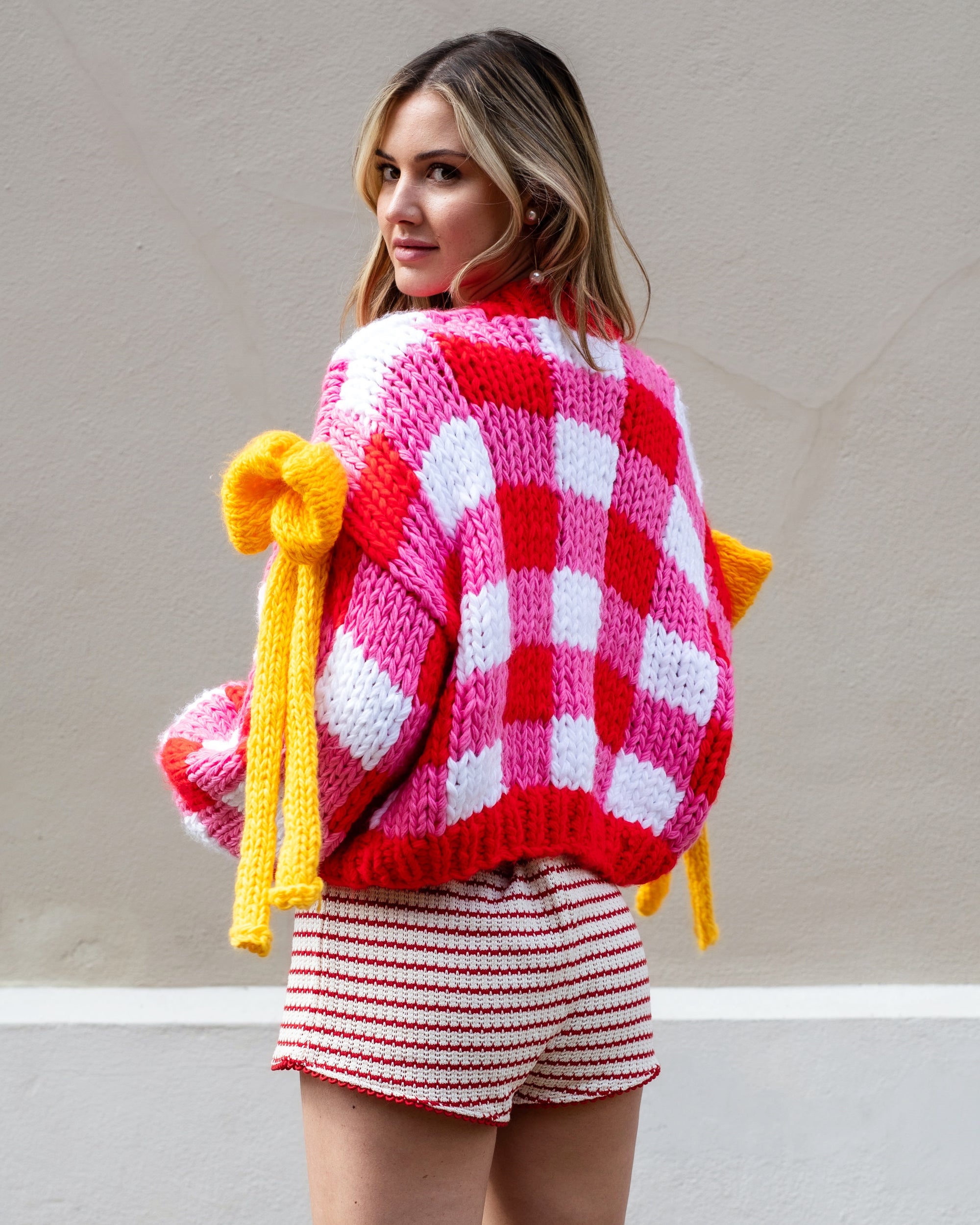 Red White Checked Print Pattern with Big Bow design Hand Knit Cardigan