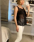 Black Lace Chiffon Top Shirt Blouse with Front Cross Strip Back