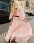 Pleated long dress with organza pleated cape sleeves in Light Pink