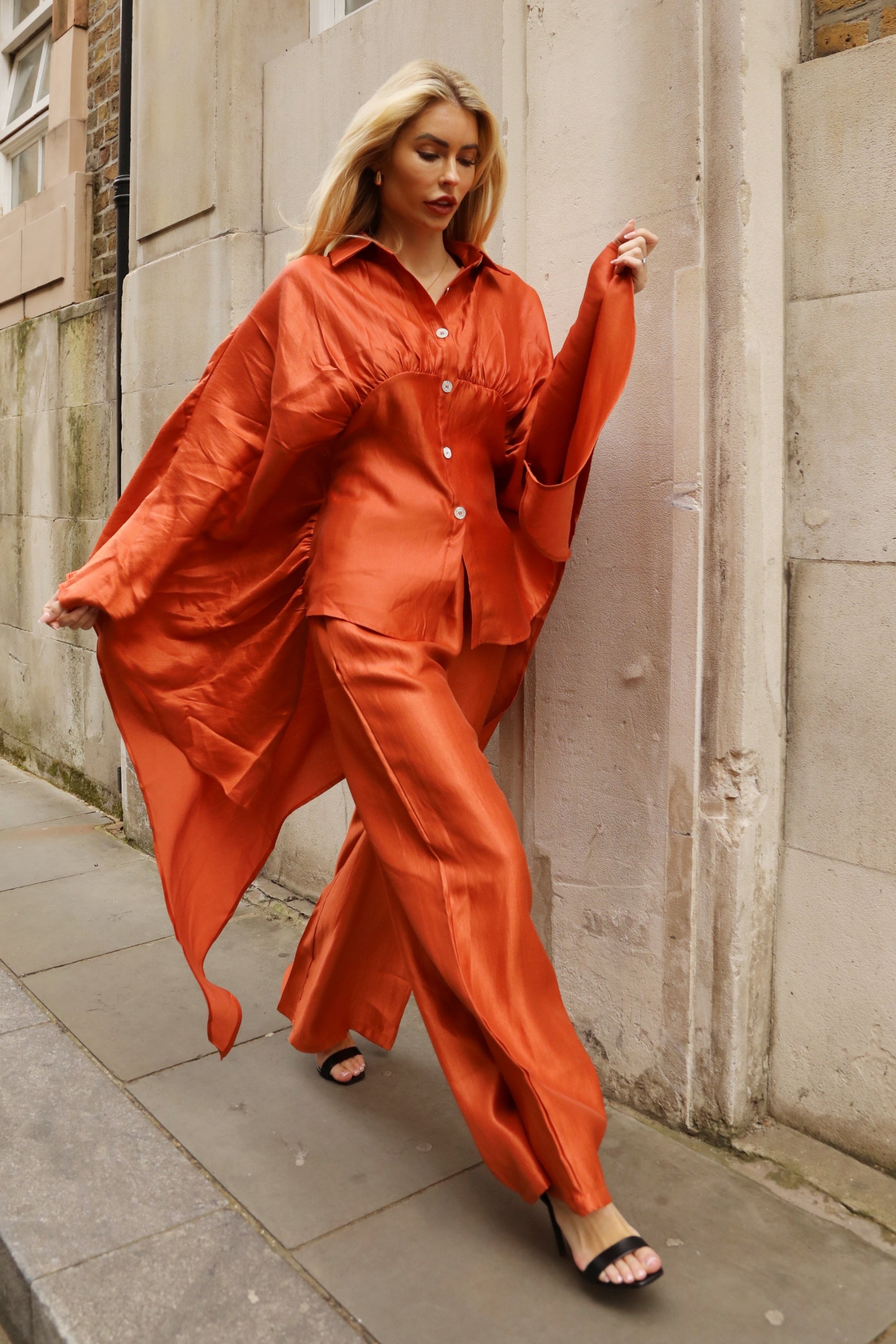Sunset Satin Cape-Sleeve Shirt &amp; Wide-Leg Trouser Co-Ord In Orange