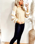 Multi layer ruffle sleeves yellow white color stripe jumper top